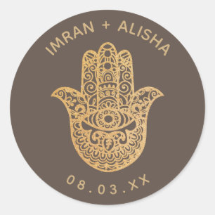 Pegatina Redonda Boda indio Gold Brown hamsa Henna