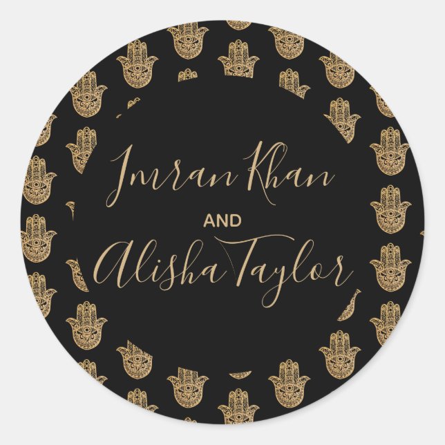 Pegatina Redonda Boda indio Gold hamsa Henna Invitación (Anverso)
