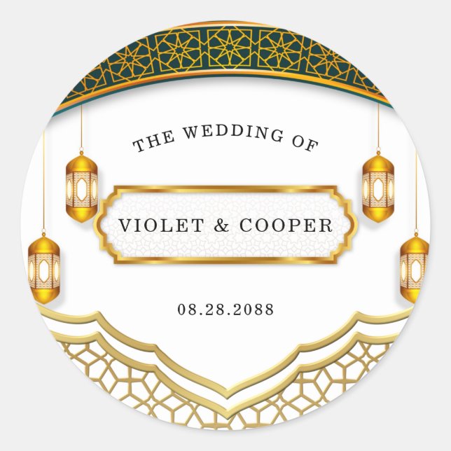 Pegatina Redonda Boda islámico blanco y dorado moderno (Anverso)