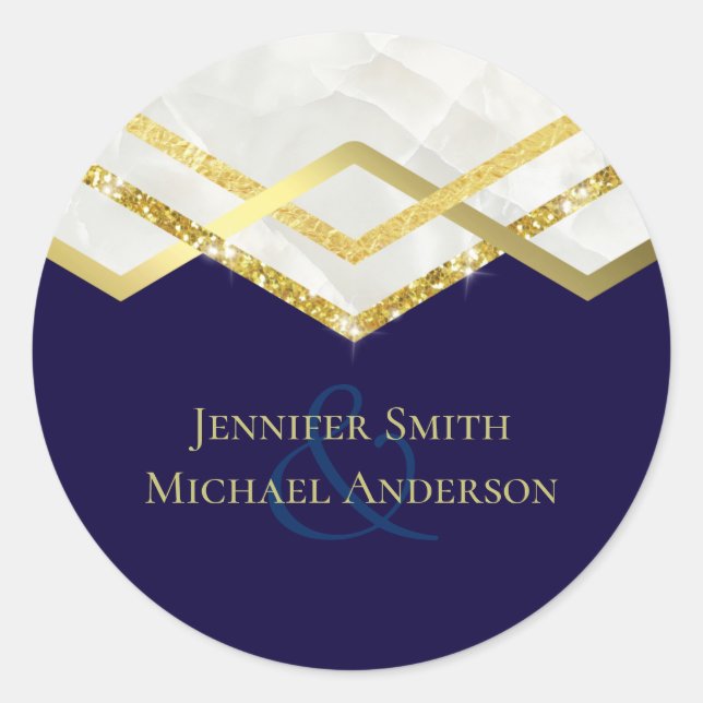 Pegatina Redonda Boda LeahG Budget Navy Gold Art Deco (Anverso)