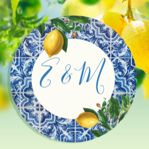 Pegatina Redonda Boda Lemon Blue Tile Monograma