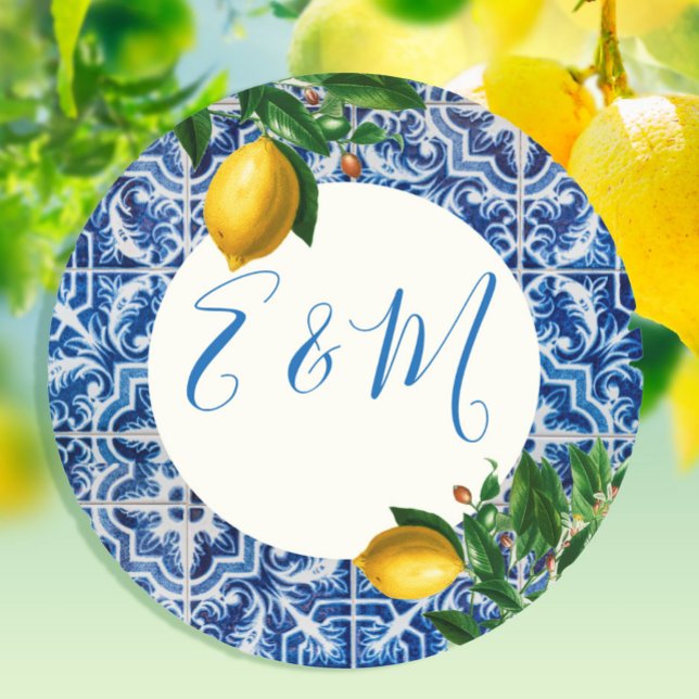 Pegatina Redonda Boda Lemon Blue Tile Monograma (Subido por el creador)