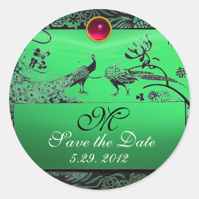 Pegatina Redonda BODA LOVE BIRDS MONOGRAM esmeralda blanca negra (Anverso)