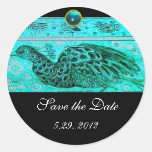 Pegatina Redonda BODA LOVE PEACOCK azul negro aguamarina
