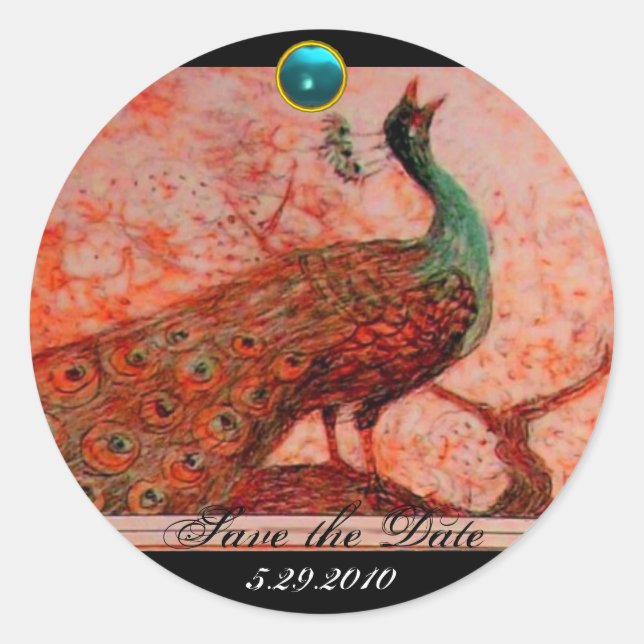 Pegatina Redonda BODA LOVE PEACOCK naranja azul negro aguamarina (Anverso)