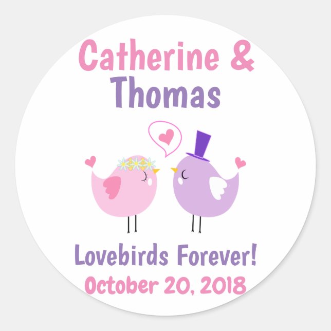 Pegatina Redonda Boda Lovebirds Cute Púrpura Rosa (Anverso)