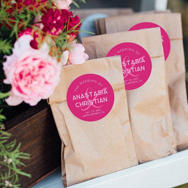 Pegatina Redonda Boda magenta moderno y audaz (Subido por el creador)