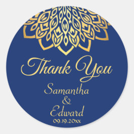 Pegatina Redonda Boda Mandala elegante de Navy Blue Gold