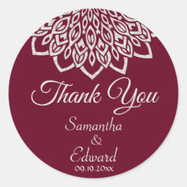 Pegatina Redonda Boda Mandala elegante de plata borgoñona