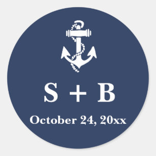 Pegatina Redonda Boda marino Nautical Beach Anchor azul de la Marin