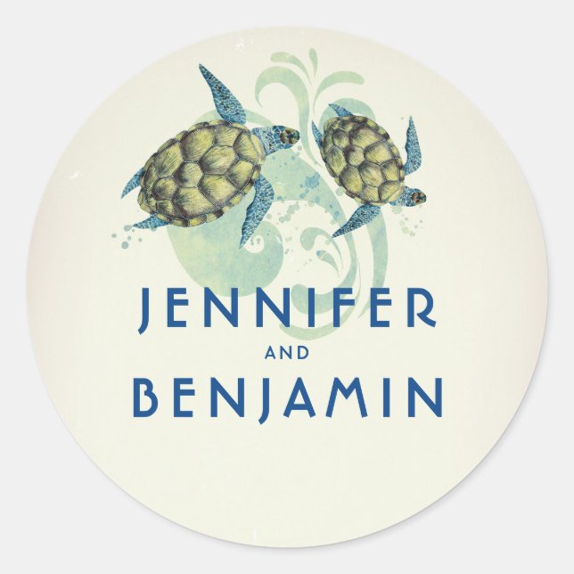 Pegatina Redonda Boda marítimo tropical de tortugas marinas (Anverso)