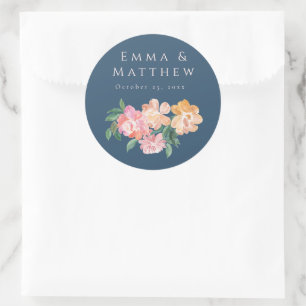 Pegatina Redonda Boda Maxima Floral Peonía Acuarela Azul