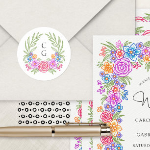 Pegatina Redonda Boda mexicano Fiesta Flowers