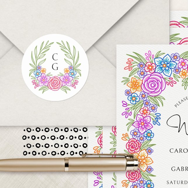 Pegatina Redonda Boda mexicano Fiesta Flowers (Subido por el creador)