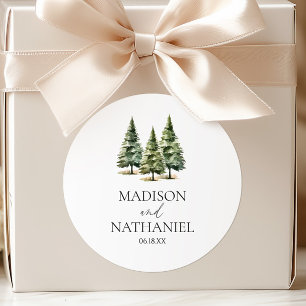 Pegatina Redonda Boda Minimalista de Invierno con Bosque de Pinos N