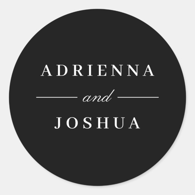 Pegatina Redonda Boda minimalista elegante monograma blanco negro (Anverso)