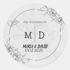 Pegatina Redonda "Boda Minimalista floral elegante blanco y negro