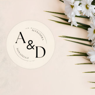 Pegatina Redonda Boda Minimalista Monograma Negro Marfil