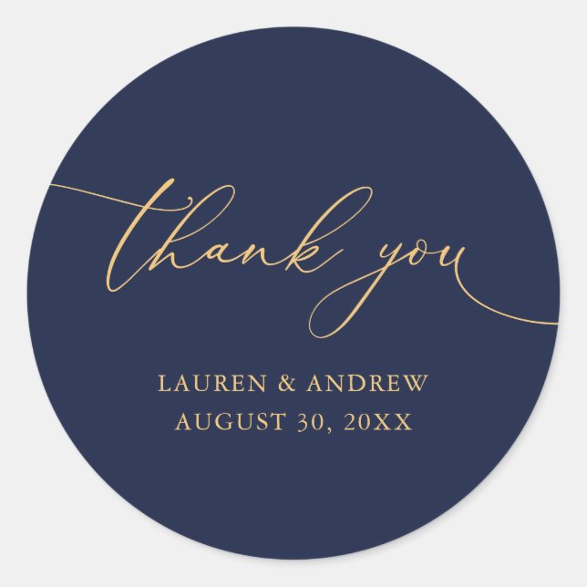 Pegatina Redonda Boda Minimalista Navy Blue & Gold Gracias (Anverso)