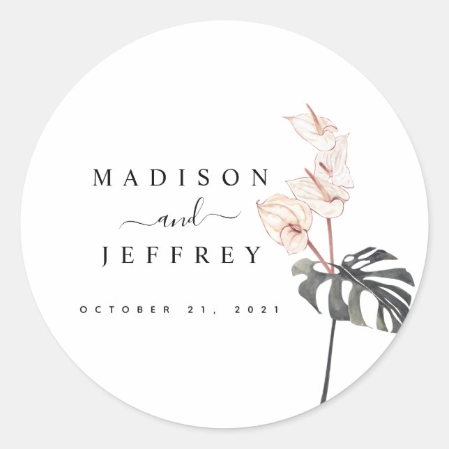 Pegatina Redonda Boda Minimalista Tropical Calla Lily (Anverso)