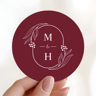 Pegatina Redonda Boda moderna boho monograma elegante burgundy