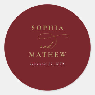 Pegatina Redonda Boda moderna con caligrafía en burgundy y dorado