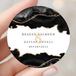 Pegatina Redonda Boda moderna de mármol ágata negro y dorado