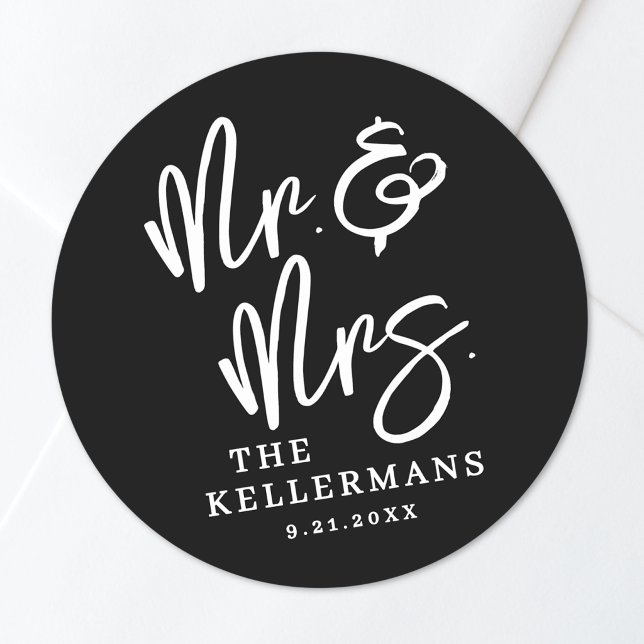 Pegatina Redonda Boda Moderna Negra (Black Modern Wedding Classic Round Sticker)