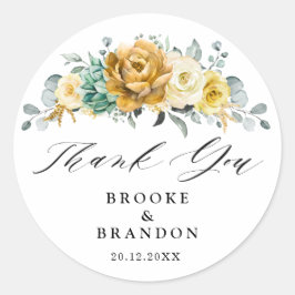 Pegatina Redonda Boda moderno con flores amarillas mostaza Gracias