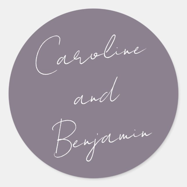 Pegatina Redonda Boda moderno de escritura manual Dusty Purple (Anverso)