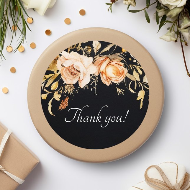 Pegatina Redonda Boda moderno de Floral Negra (Black Floral Modern Wedding Classic Round Sticker)