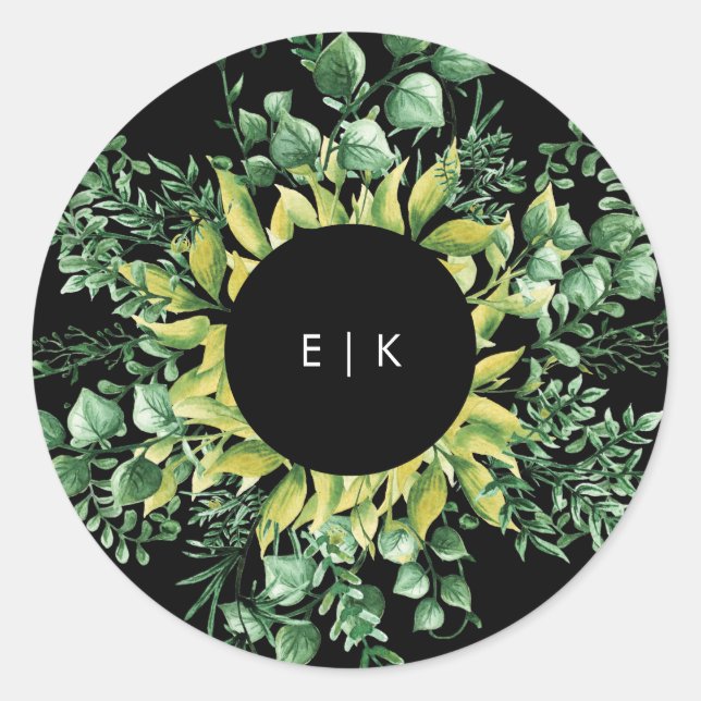 Pegatina Redonda Boda moderno de hoja fresca verde (Anverso)