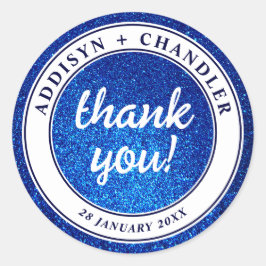 Pegatina Redonda Boda moderno simple y elegante blanco y azul de la