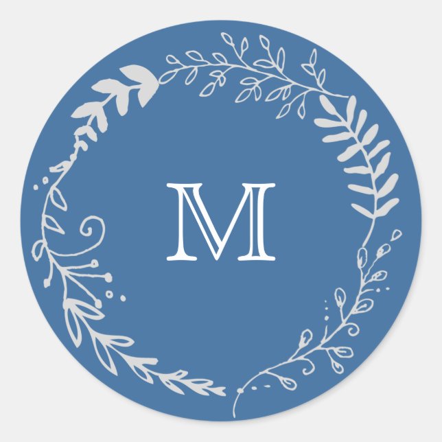 Pegatina Redonda Boda monocromática elegante de la guirnalda azul y (Anverso)