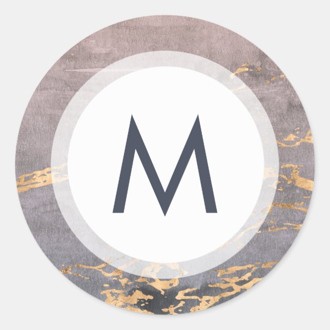 Pegatina Redonda Boda Monograma acuarela y dorado (Anverso)