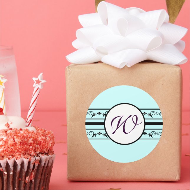 Pegatina Redonda Boda Monograma Aqua Fronteras Azules (Fiesta)