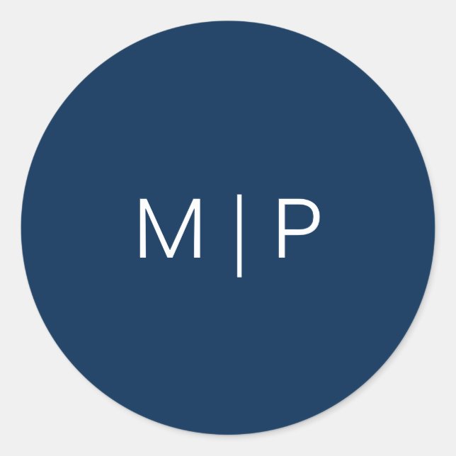 Pegatina Redonda Boda monograma azul de la marina moderna simple (Anverso)