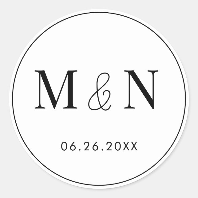 Pegatina Redonda Boda Monograma blanco y negro (Anverso)