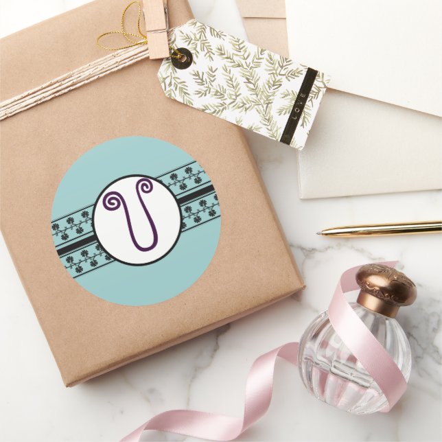 Pegatina Redonda Boda monograma bordes azules (Regalar)