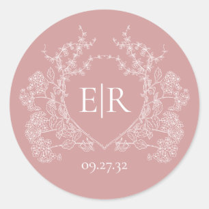 Pegatina Redonda Boda Monograma Cresta Floral Rosa Polvo Sencillo