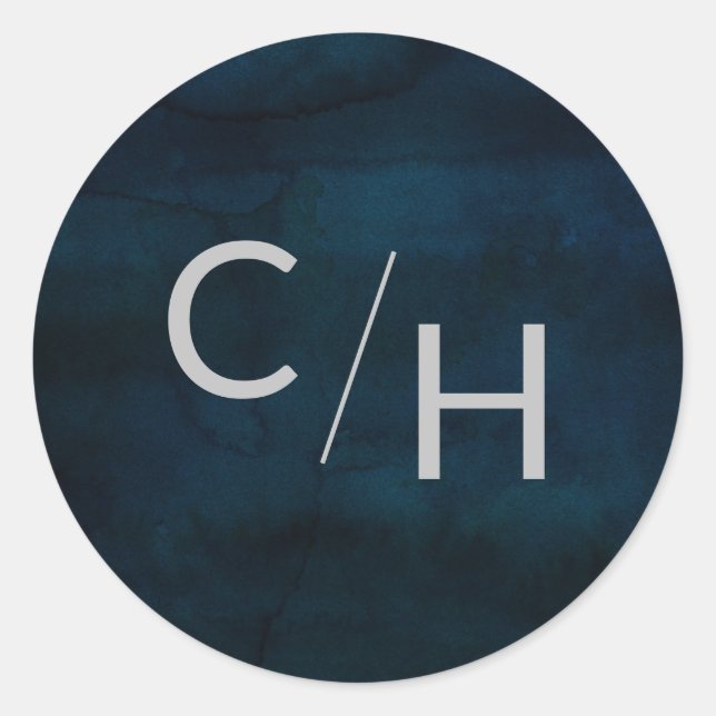 Pegatina Redonda Boda Monograma de acuarela azul oscuro (Anverso)