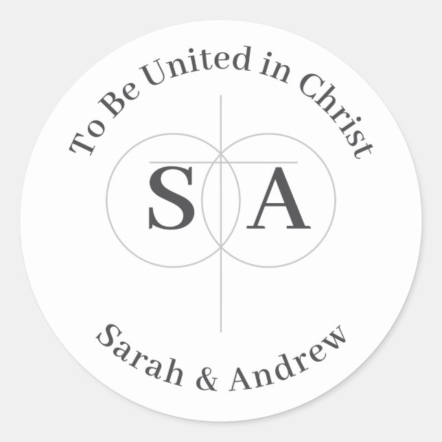 Pegatina Redonda Boda Monograma de Cruz y Anillos (Anverso)
