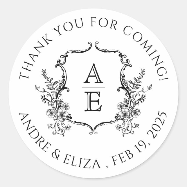 Pegatina Redonda Boda Monograma de Escudo blanco y negro (Anverso)