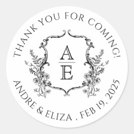 Pegatina Redonda Boda Monograma de Escudo blanco y negro