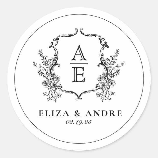 Pegatina Redonda Boda Monograma de Escudo blanco y negro (Anverso)