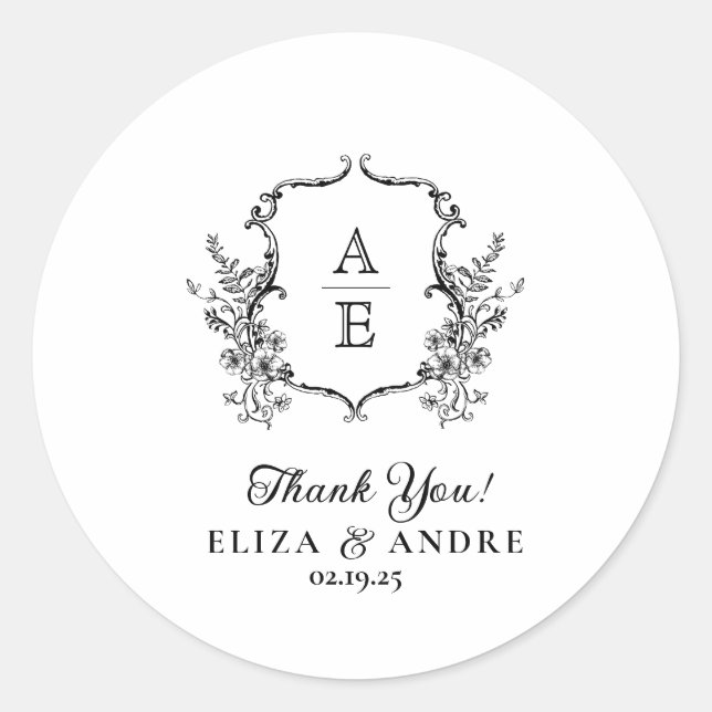 Pegatina Redonda Boda Monograma de Escudo blanco y negro (Anverso)