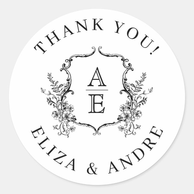 Pegatina Redonda Boda Monograma de Escudo blanco y negro (Anverso)