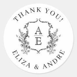 Pegatina Redonda Boda Monograma de Escudo blanco y negro