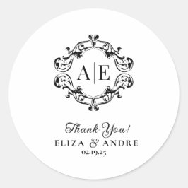 Pegatina Redonda Boda Monograma de Escudo blanco y negro antiguo