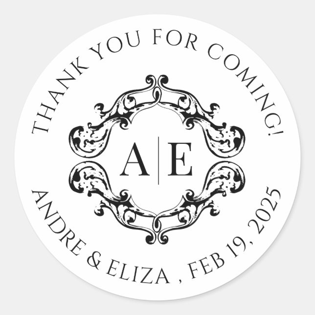 Pegatina Redonda Boda Monograma de Escudo blanco y negro antiguo (Anverso)